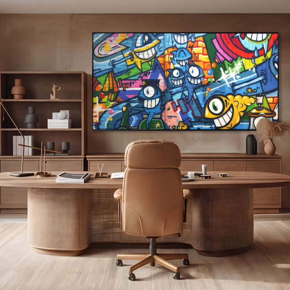 Tablou canvas cu tablou canvas cu graffiti urban si personaje, in rama de aluminiu negru, pe perete intr-un birou